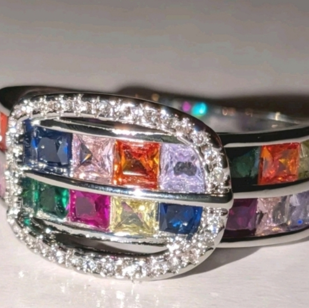 Ladies Multi Color Shimmering Gemstone Belt Buckle Design Boho Ring
